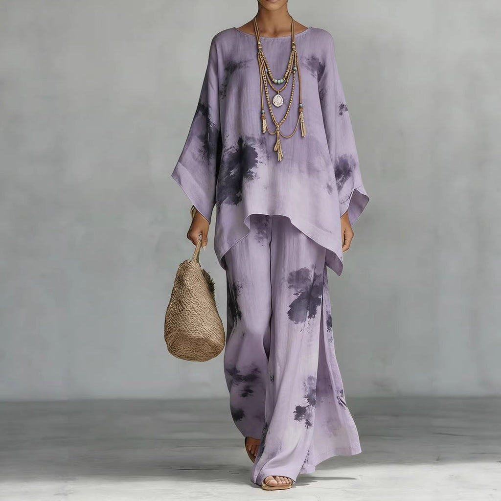 Floral print bamboo linen two-piece set with wide-leg pants by FitiqueFit, featuring a matching top and flowing pant design.