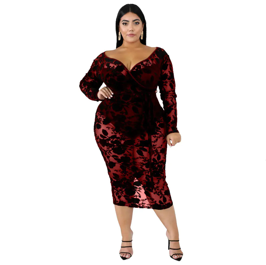 Plus size black lace bodycon dress for women, stylish and fitted, from Trendy Attic Store01, shown on a model.