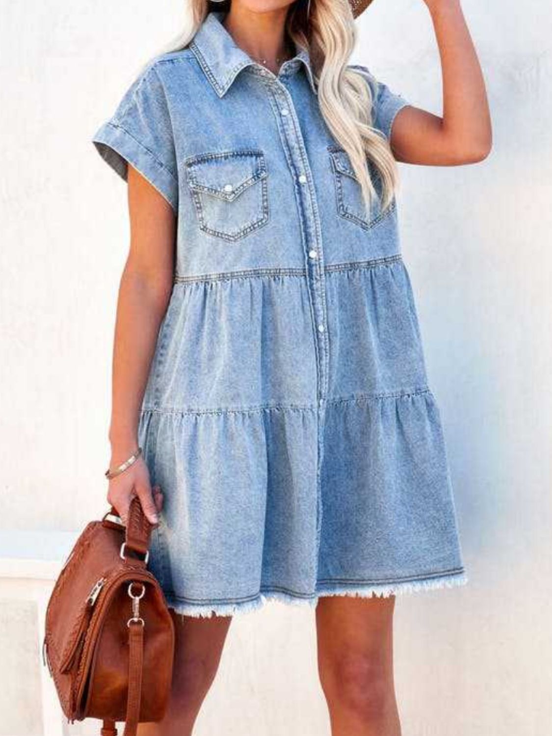 Raw hem short sleeve denim dress by Plush Fashion Hub, showing a casual fit with a raw hem detail and short sleeves.