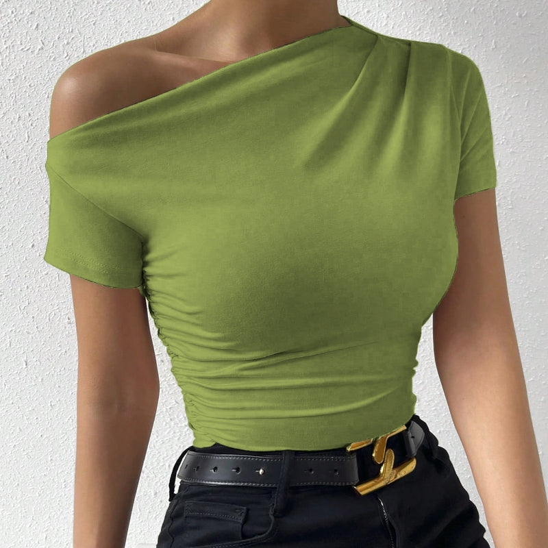 Women’s Y2K ruched one-shoulder summer top by Plush Fashion Hub, slim fit asymmetrical casualwear shirt with ruched detailing.