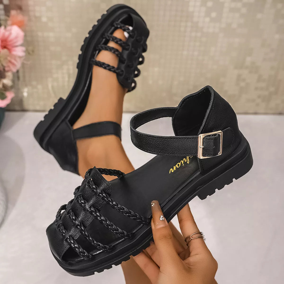 Shopimist round toe platform sandals with chunky heels and open-toe design, featuring neutral-colored straps and stylish detailing.