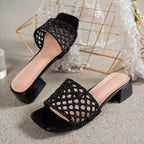 Women's woven block heel sandals by Trendsi, featuring a mid-heel design and comfortable, stylish dress shoe silhouette.