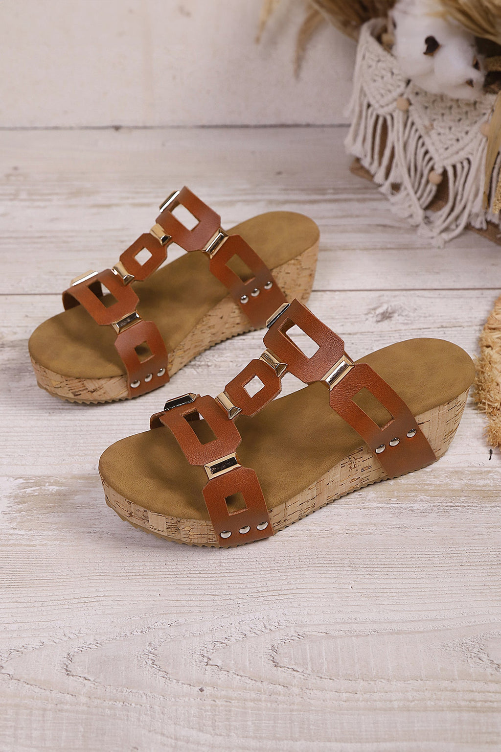 Sara Leather Wedge Platform Slippers by Threaded Pear, featuring brown leather straps and chunky wedge heels.