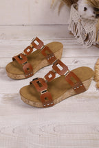 Sara Leather Wedge Platform Slippers by Threaded Pear, featuring brown leather straps and chunky wedge heels.