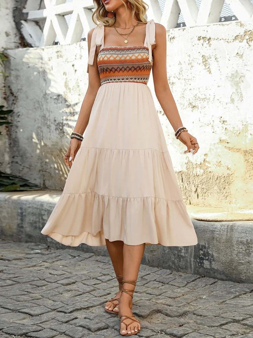 Plush Fashion Hub tie shoulder square neck tiered midi dress with a flowy, layered design and midi length.