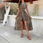 Women's printed V-neck sleeveless jumpsuit by Plush Fashion Hub, featuring a casual, vacation chic design with vibrant print details.