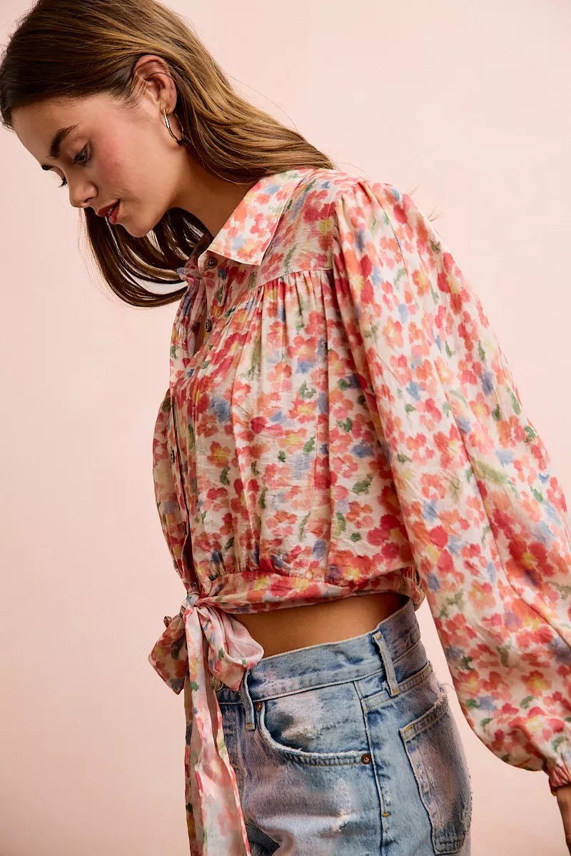 Plush Fashion Hub BiBi floral print tie hem crop top featuring long sleeves and vibrant floral design.