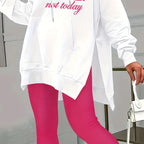 Casual 2-piece set with solid color leggings and letter print hooded sweatshirt by Plush Fashion Hub, shown on a model.