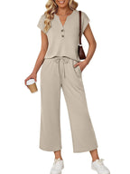 Women's notched short sleeve lounge set with pockets, 2-piece casual sleepwear set by Trendsi, featuring comfortable fabric and relaxed fit.