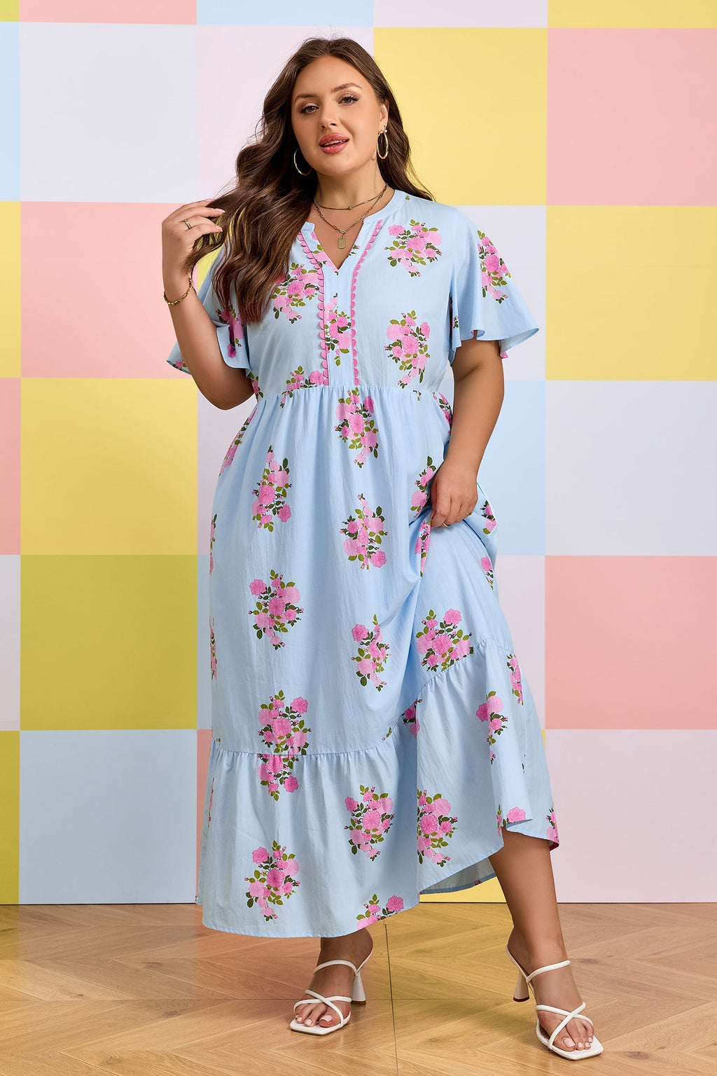 Plus size Lucy Print Scalloped Trim maxi dress by Threaded Pear, featuring a vibrant floral pattern and scalloped hem detail.
