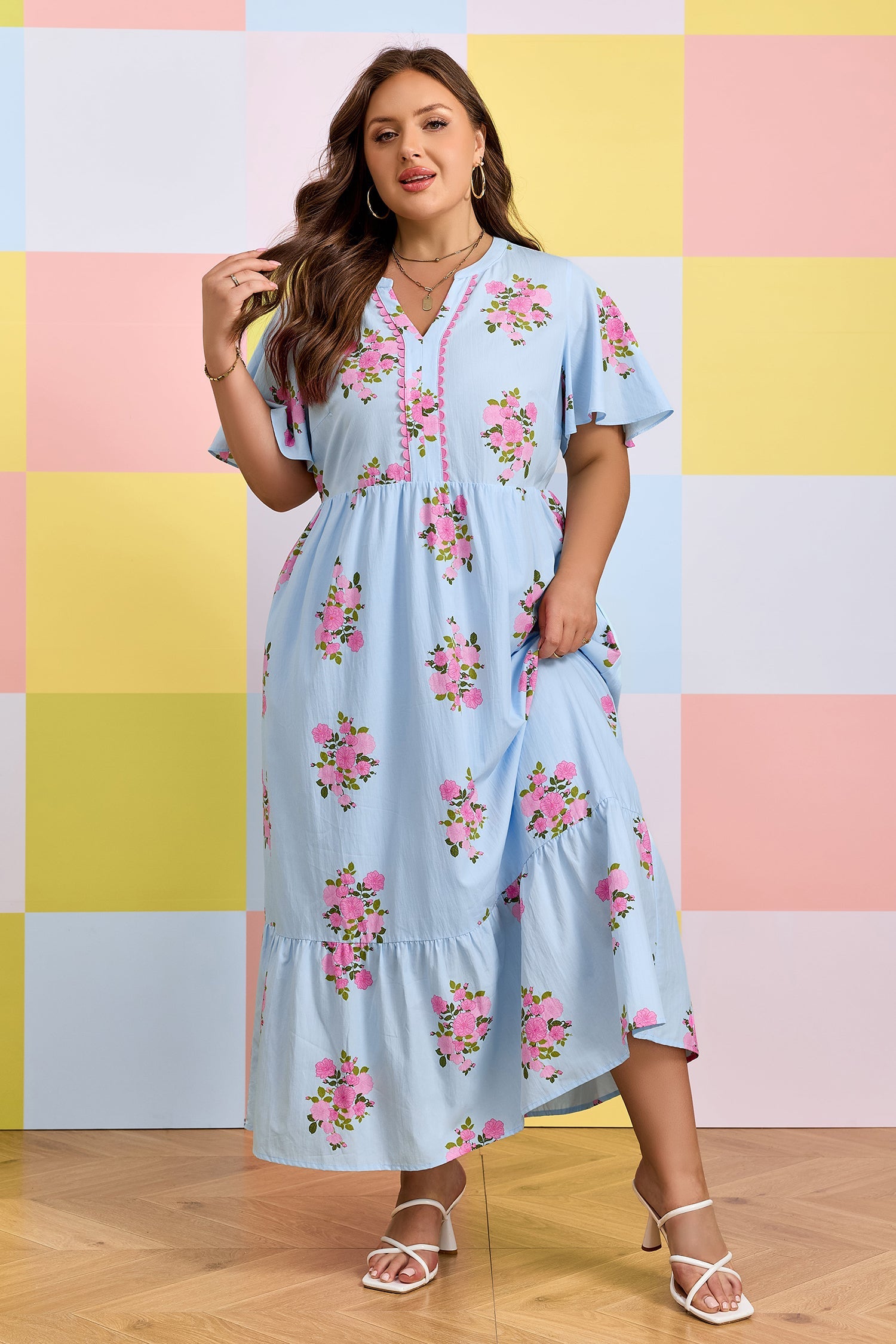 Plus size Lucy Print Scalloped Trim maxi dress by Threaded Pear, featuring a vibrant floral pattern and scalloped hem detail.