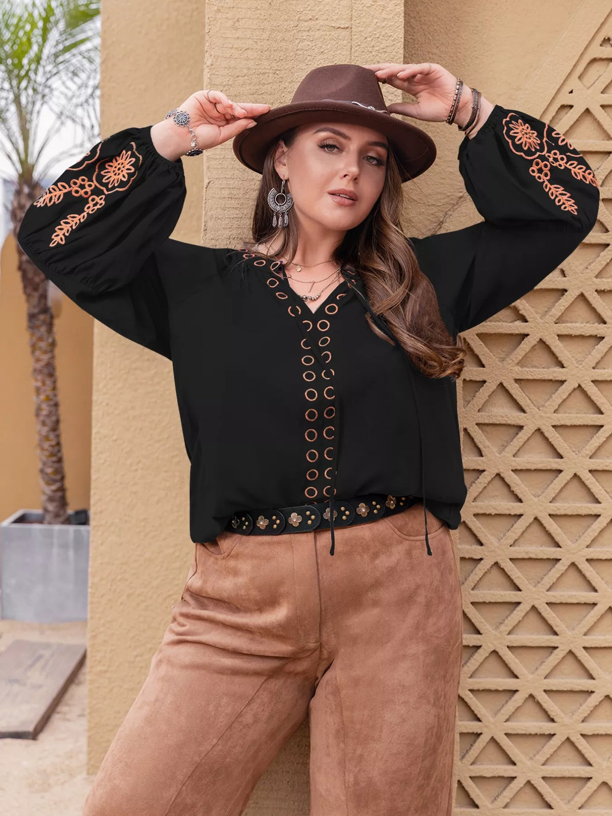 Plus size boho embroidered long sleeve blouse by Simply Love, featuring colorful embroidery and relaxed fit, front view.