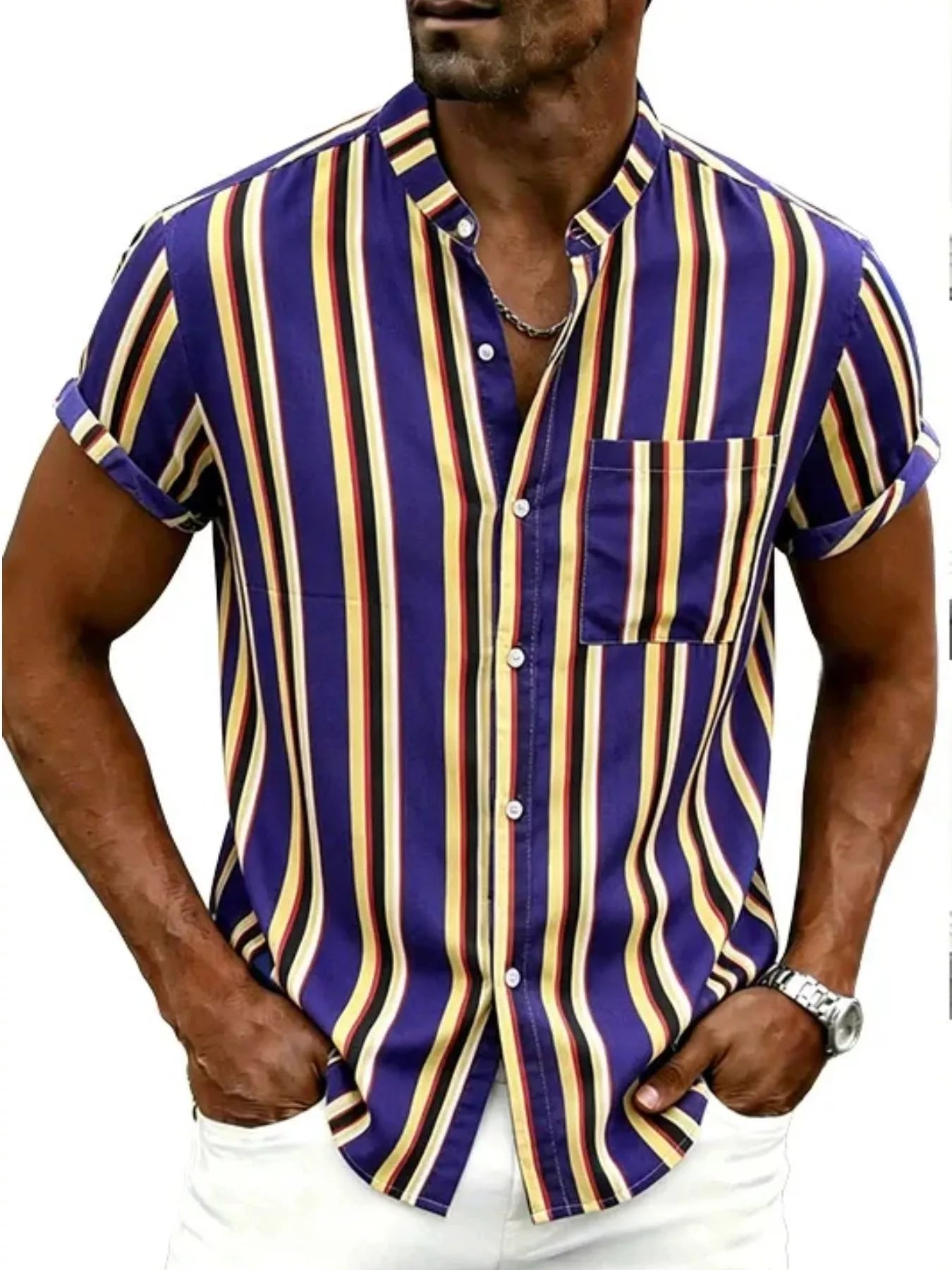 Plus size men's striped short sleeve button-up shirt by Plush Fashion Hub, showing a casual, fitted design with vertical stripes.