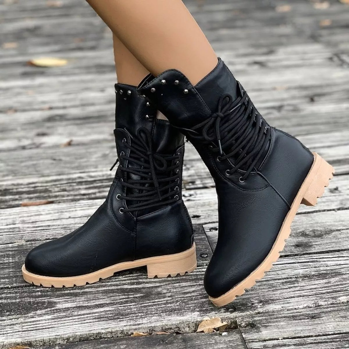 Trendsi lace-up block heel boots with stylish design, featuring sturdy heels and fashionable footwear for a chic look.