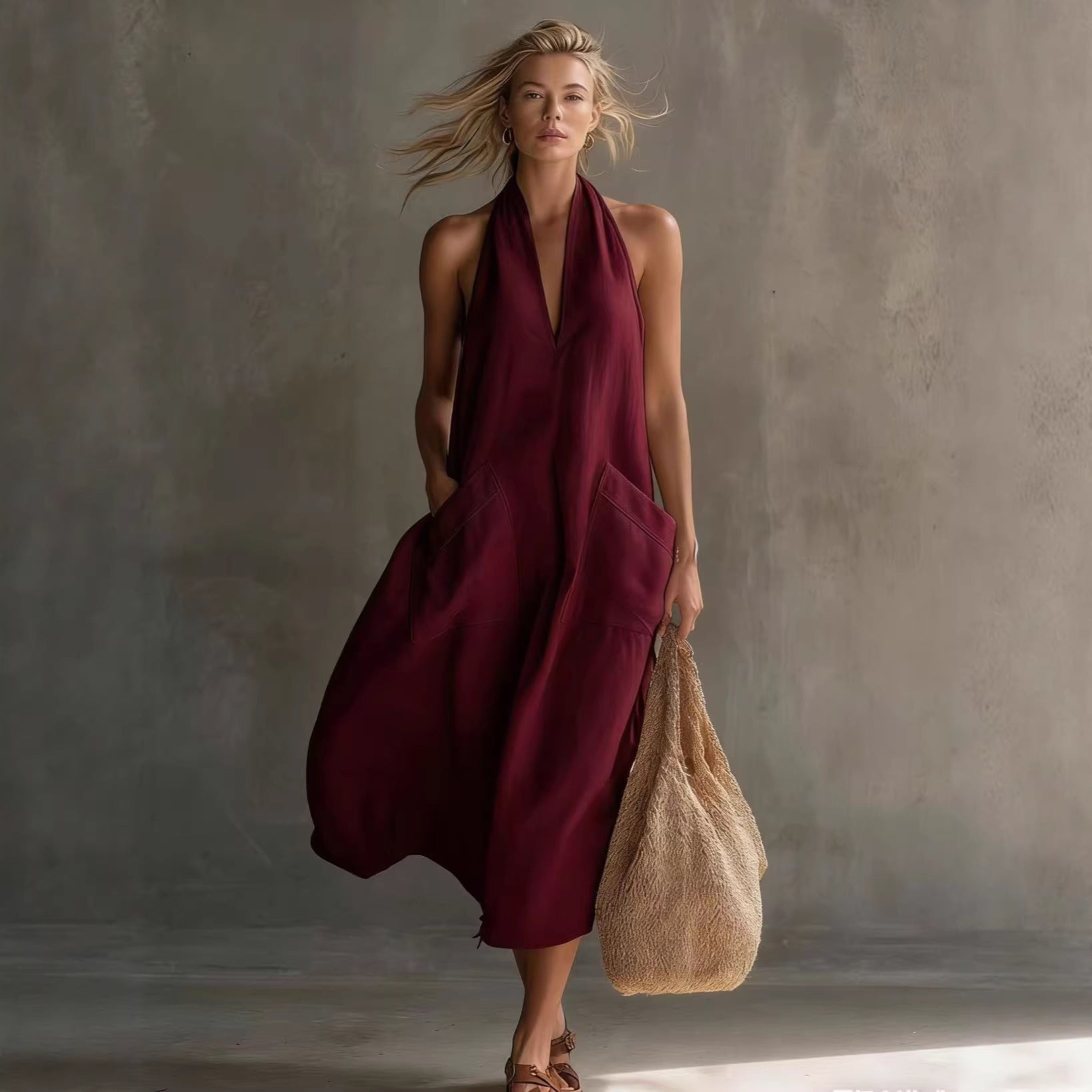 Women's retro V-neck slip dress by FitiqueFit, loose fit sleeveless casualwear in soft fabric, shown hanging on a neutral background.