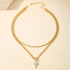 Layered Gold Chain Cross Pendant Necklace