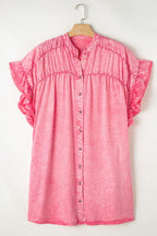 VYSN ruffled short sleeve denim mini dress with button details, stylish casual clothing for women, front view.