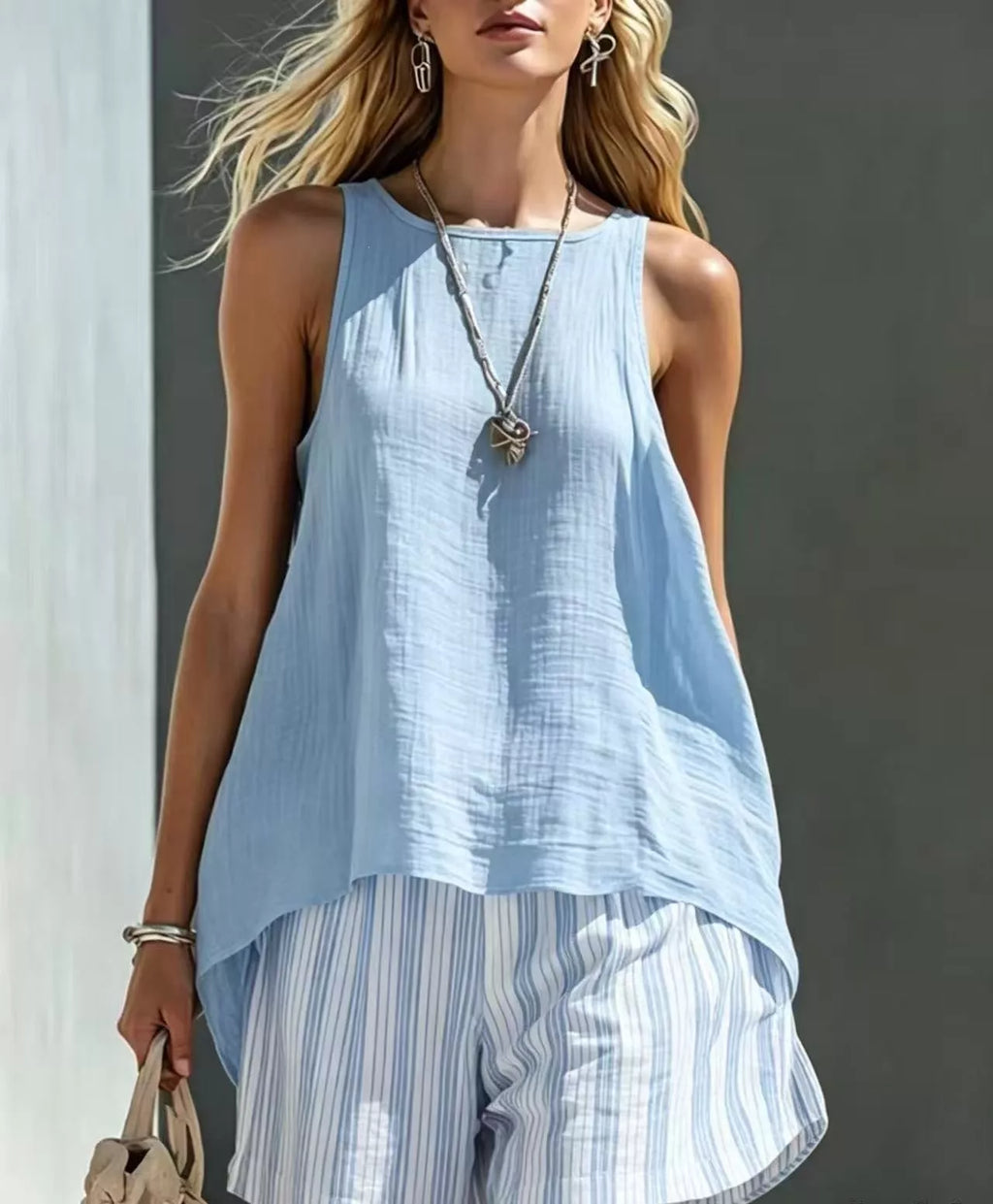 Shopimist two-piece set featuring a round neck tank top and striped shorts, perfect for casual summer wear.