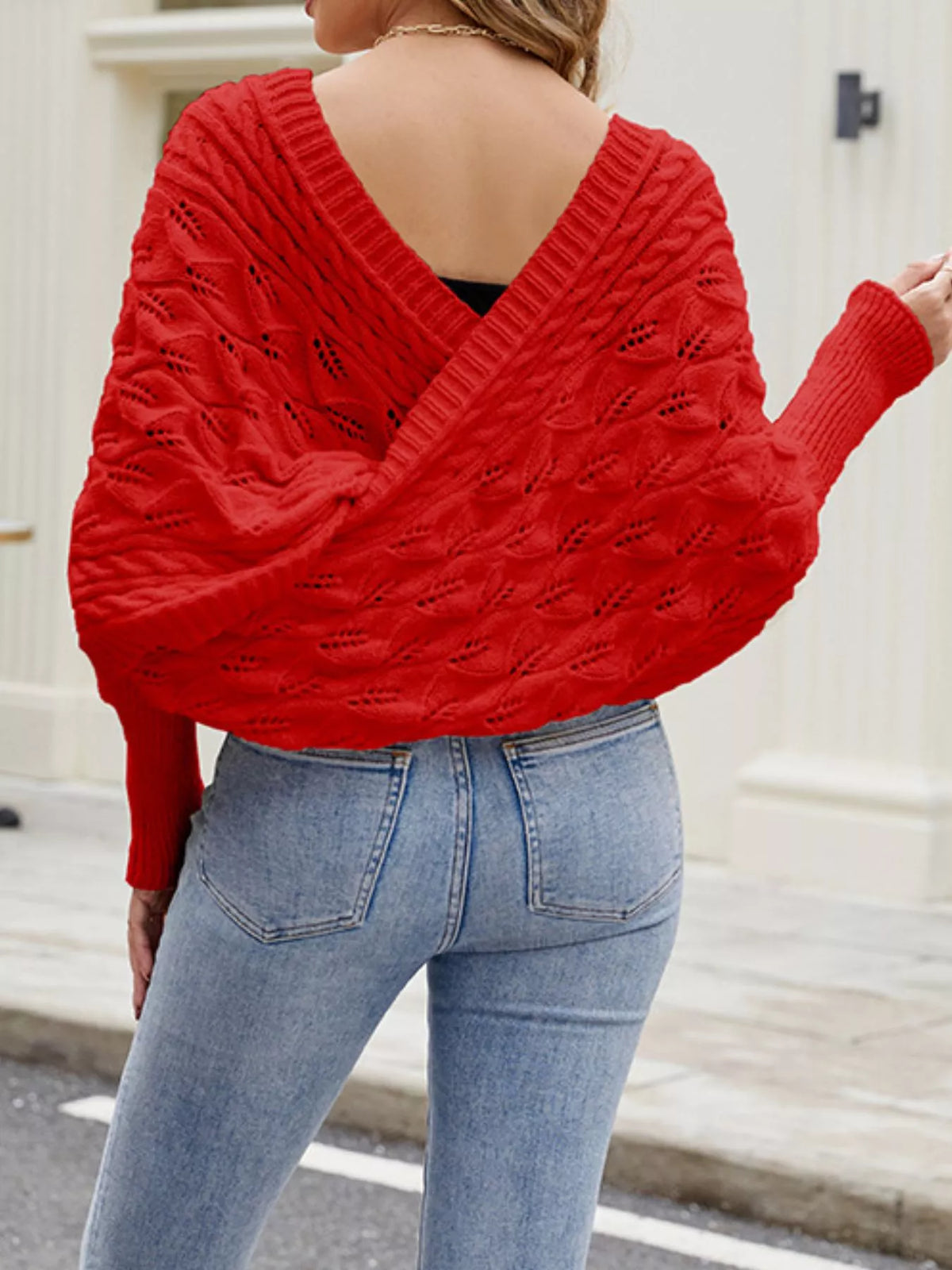 Plush Fashion Hub cable knit batwing sleeve sweater shirt in cozy, textured knit with wide, relaxed sleeves and a comfortable fit.