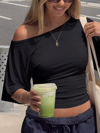 Shopimist boat neck short sleeve T-shirt, casual tops with a relaxed fit and soft fabric, displayed in a front view.