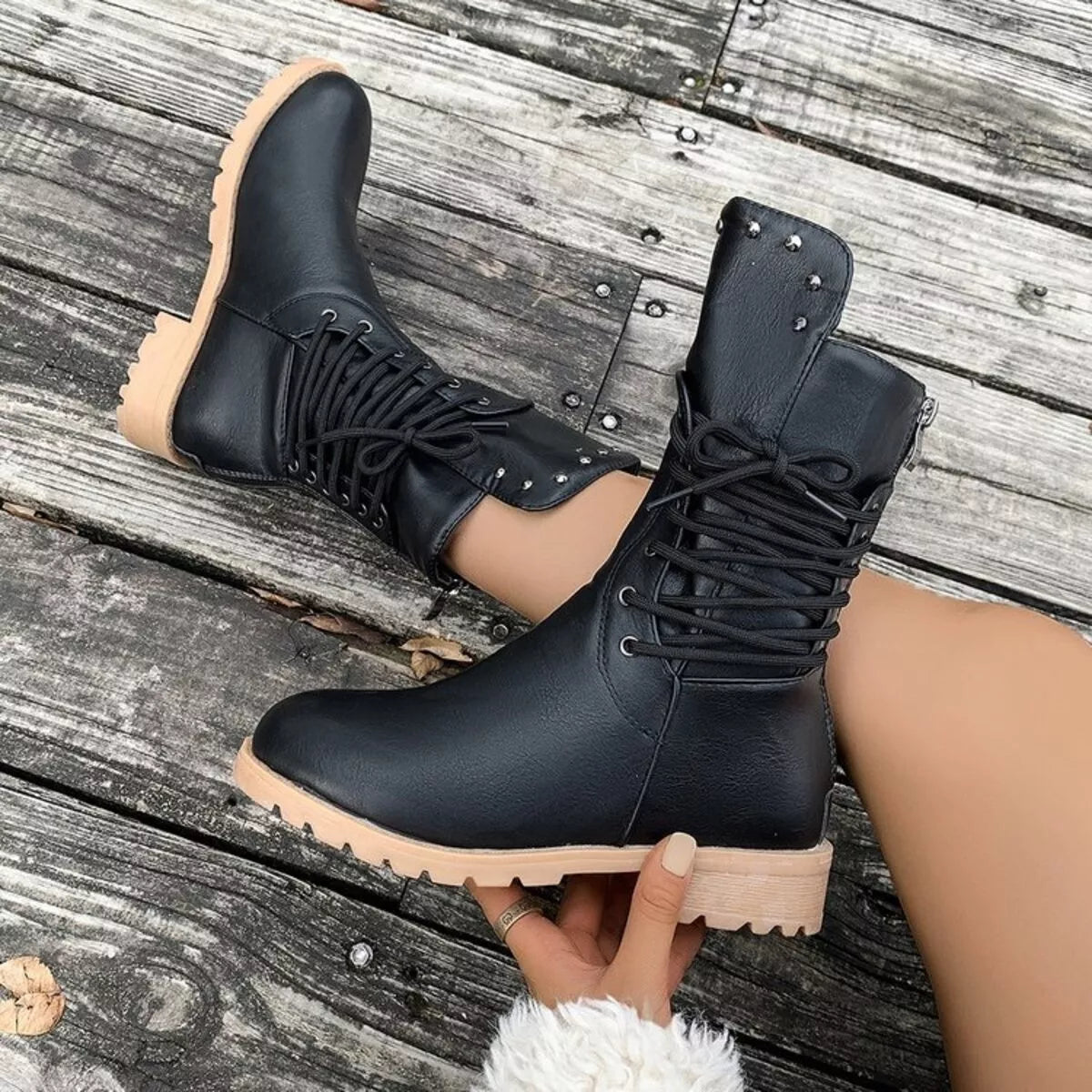 Lace-up black block heel boots from Trendsi, stylish footwear with chunky heels and lace-up front, perfect for trendy outfits.