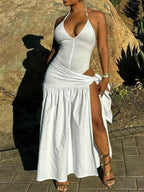 Halter neck ruched bodysuit and maxi skirt set from Shopimist, featuring a fitted bodysuit and flowing skirt in a coordinated design.