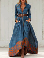 Color-blocked floral patterned stand collar long dress by FitiqueFit, casualwear with vibrant floral design and stylish stand collar.