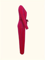 Women’s solid V-neck jumpsuit with bow tie waist by FitiqueFit, featuring a slim fit and casual style, shown in the image.