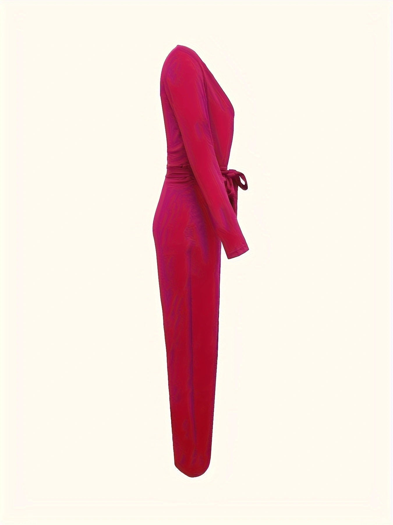 Women’s solid V-neck jumpsuit with bow tie waist by FitiqueFit, featuring a slim fit and casual style, shown in the image.
