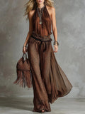 Leopard print sheer wide-leg pants and sleeveless tank top set by FitiqueFit, casualwear outfit with bold animal print design.
