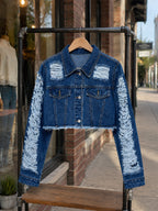 Women's Vintage Distressed Denim Set | Washed Jacket & Slim-Fit Shorts in Black & Blue | S–XXL