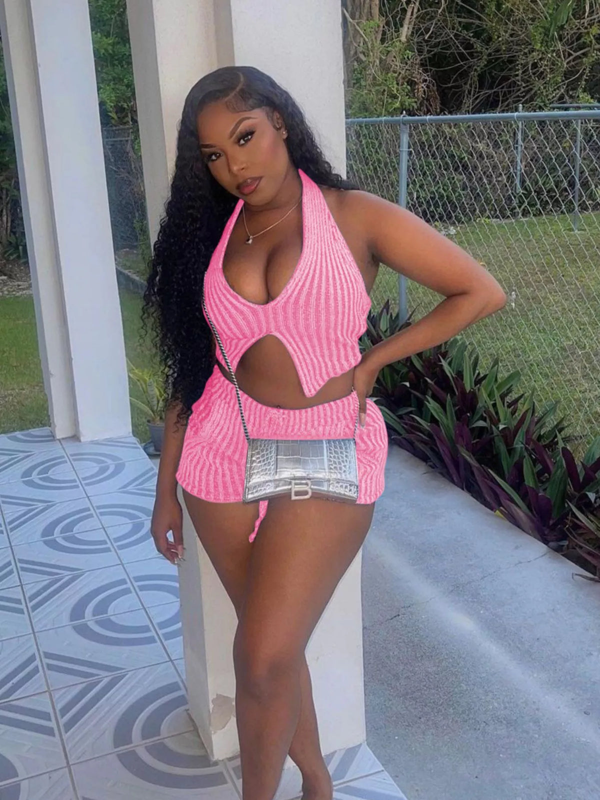 Plush Fashion Hub halter neck sweater top and matching shorts two-piece set, cozy and stylish for casual wear.