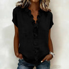 V-neck ruffle sleeve solid color linen blend top from FitiqueFit featuring asymmetric design and casual style.