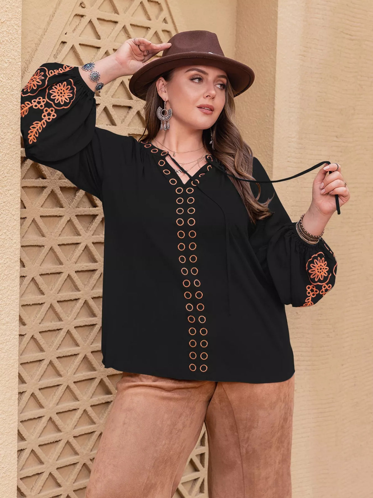 Plus size boho embroidered long sleeve blouse by Simply Love, featuring colorful embroidery and relaxed fit.
