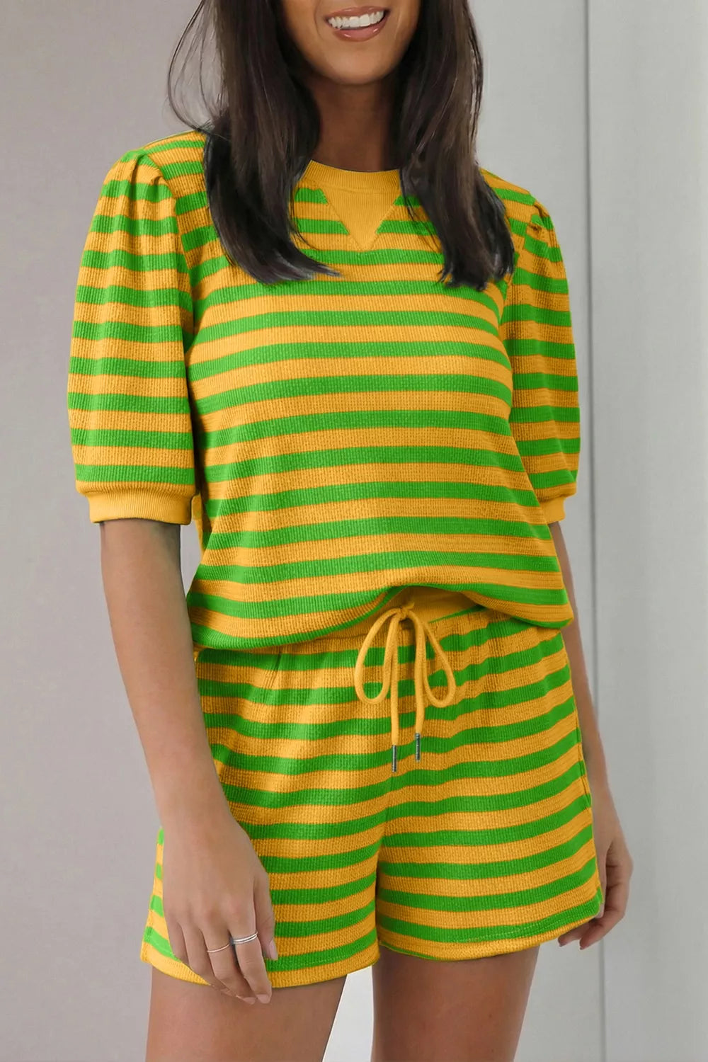 Striped puff sleeve top and drawstring shorts set by Plush Fashion Hub, casual summer outfit with trendy style