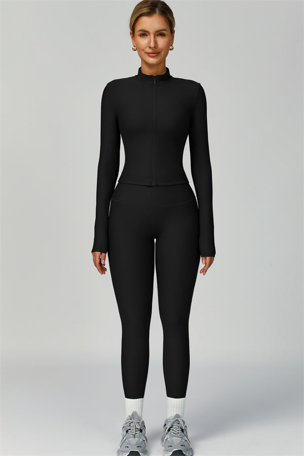 Fitglutes activewear 3-piece set includes a sports bra, jacket, and leggings designed for gym and workout activities.