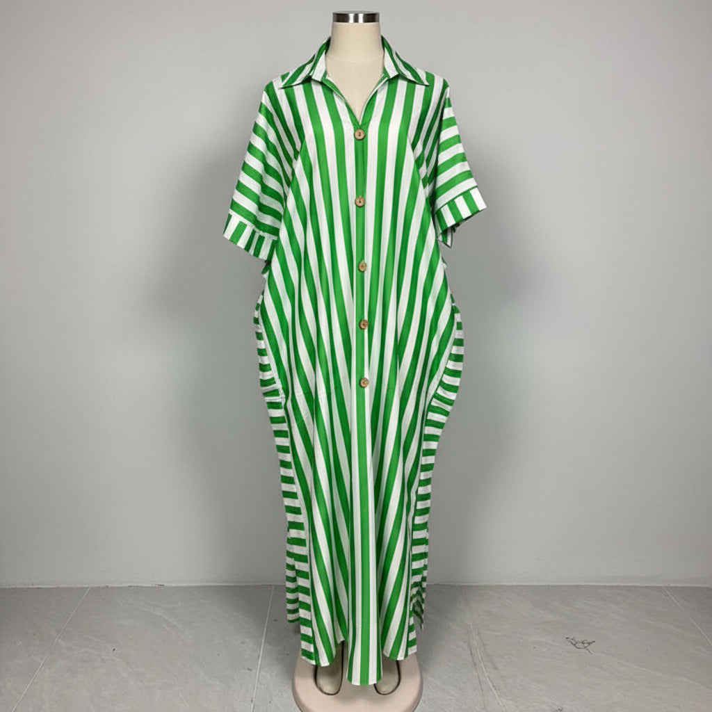 African-inspired striped loose long dress from Plush Fashion Hub in five colors, featuring a relaxed fit and flowing design.