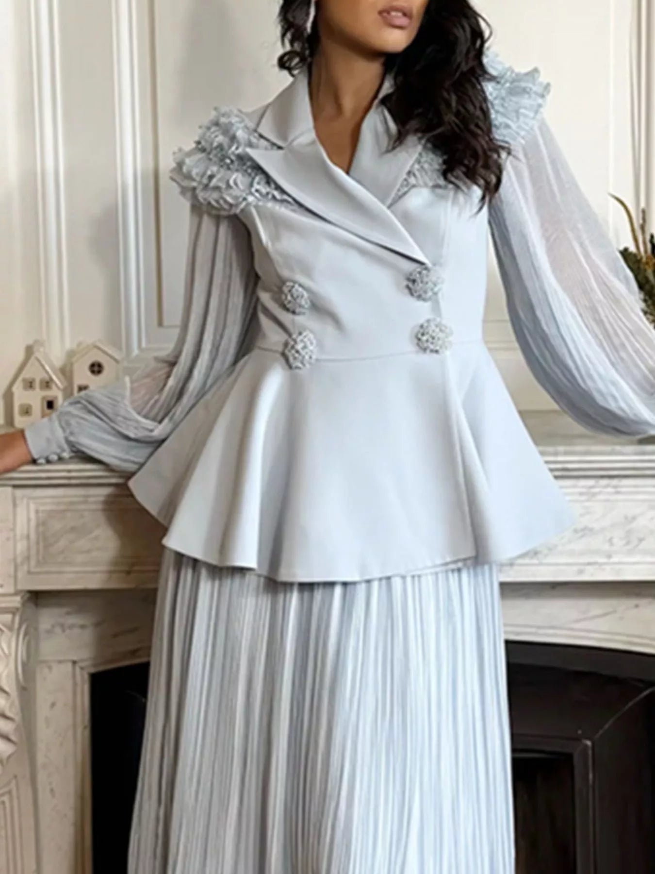 Plush Fashion Hub two-piece set with a frill lapel collar top and pleated skirt, stylish and elegant for casual or formal wear.