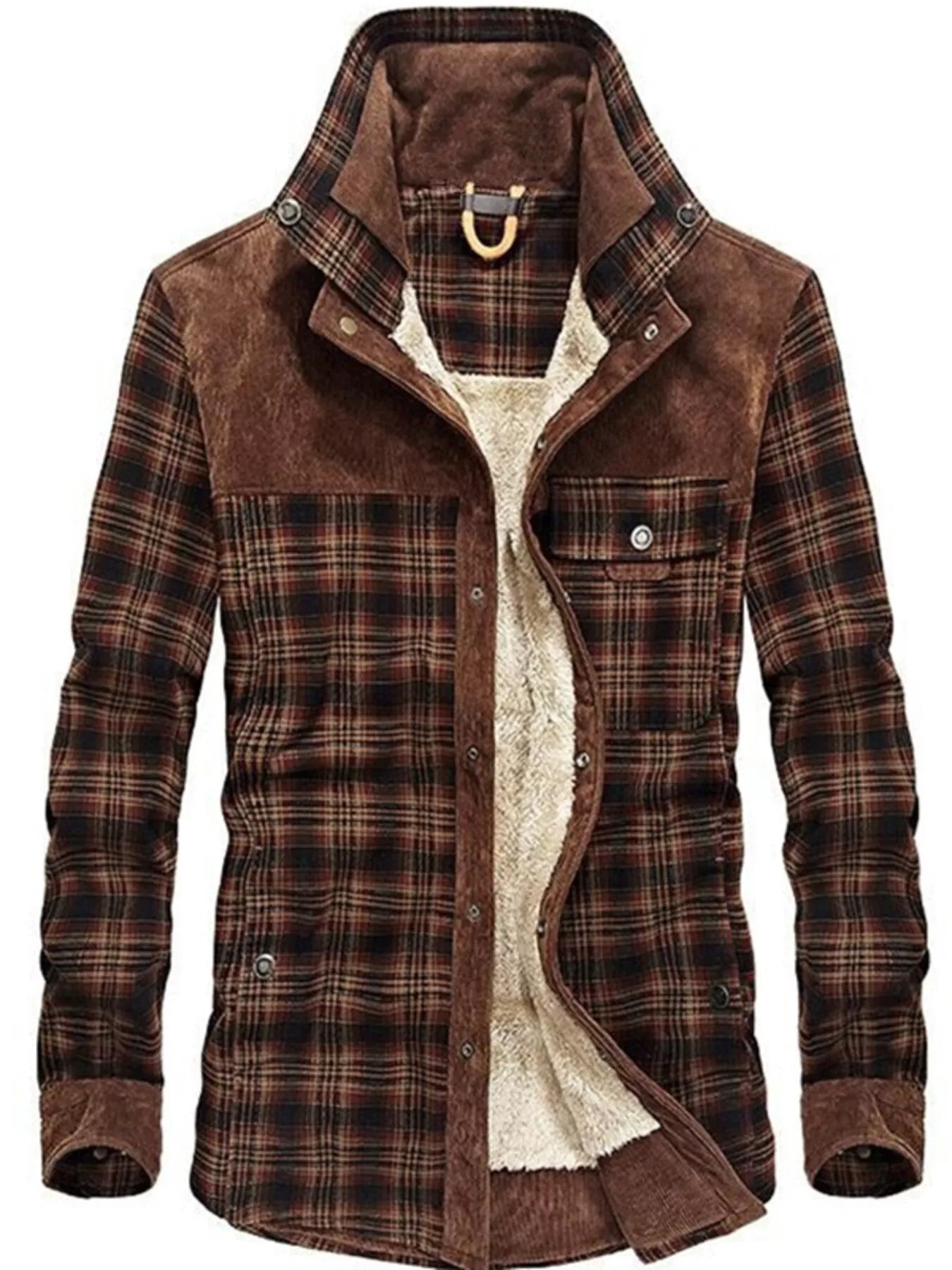 Men's plus size plaid fleece-lined snap down jacket by Shopimist, featuring a full-size men's jacket with plaid pattern and warm fleece lining.