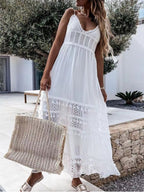 Plus size bohemian cami dress with crochet and tassel trim, flowing midi style for summer, by Trendsi.