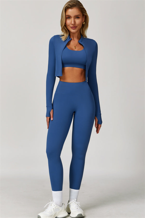 Fitglutes Activewear Eloise 3-piece sports bra, jacket, and leggings matching set for gym workouts and activewear fashion.