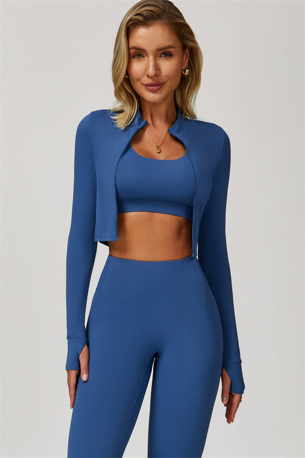 Fitglutes Activewear Eloise 3-piece set includes a sports bra, leggings, and jacket, all in matching gymwear for workout comfort.