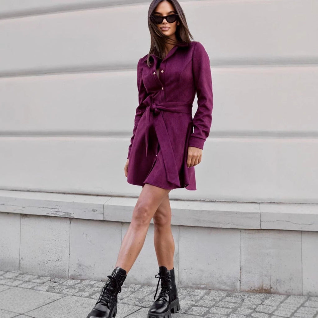 Light beige linen lace-up mini dress by FitiqueFit, casual long-sleeve style, available in three colors, size S to 2XL.