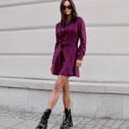 Light beige linen lace-up mini dress by FitiqueFit, casual long-sleeve style, available in three colors, size S to 2XL.