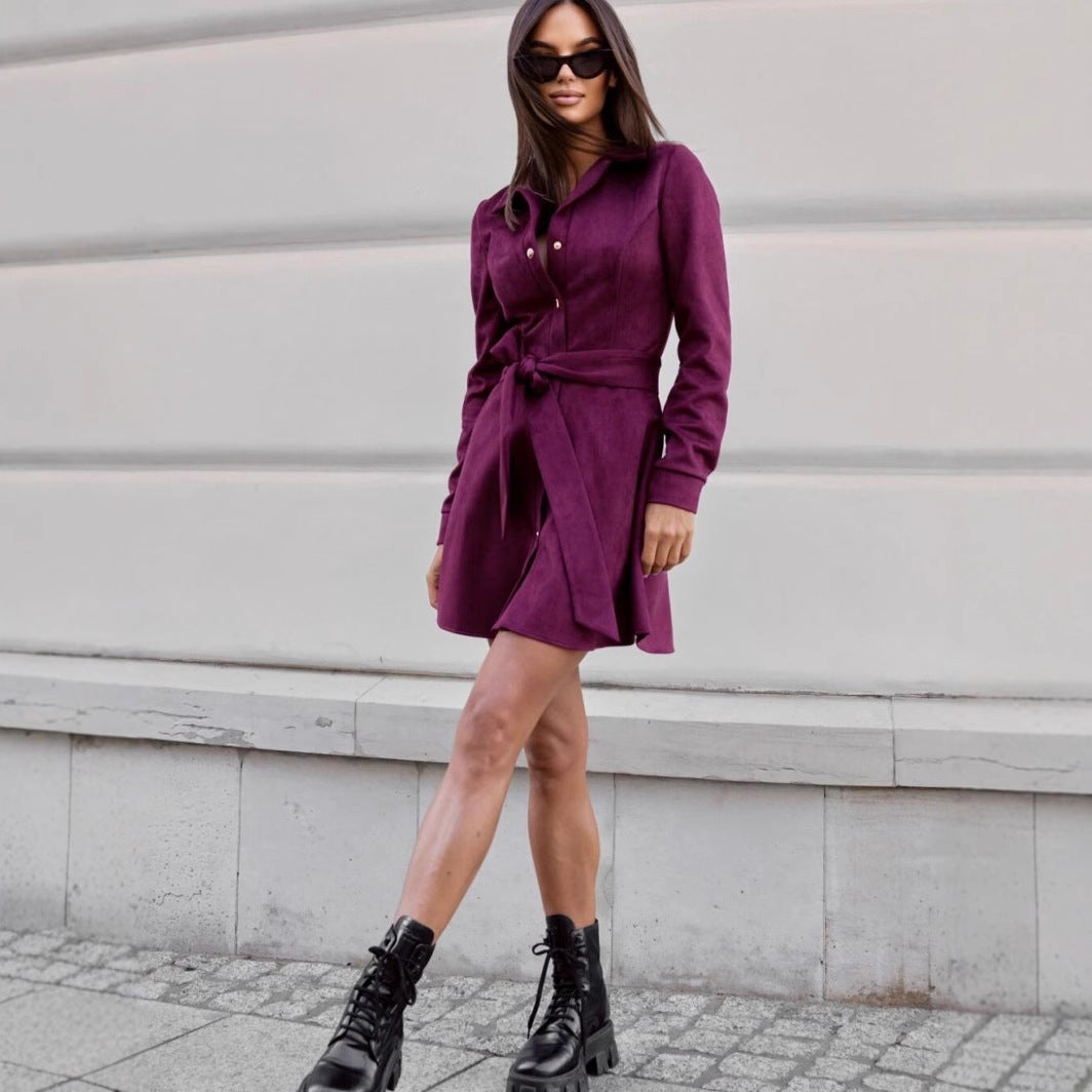 Light beige linen lace-up mini dress by FitiqueFit, casual long-sleeve style, available in three colors, size S to 2XL.