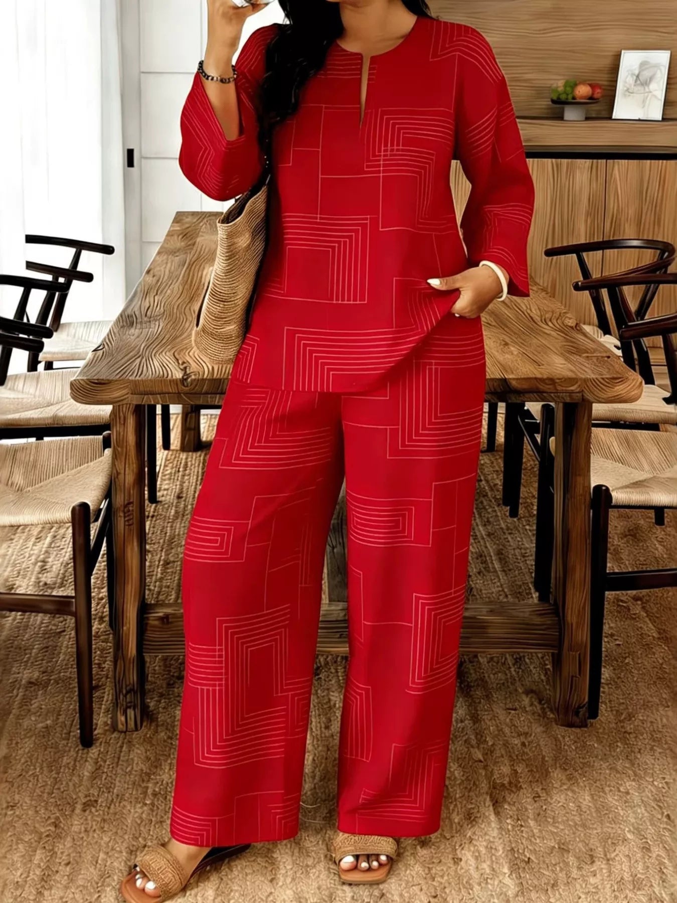 Geometric print relaxed fit top and pants set by Plush Fashion Hub, featuring a stylish and comfortable matching outfit.
