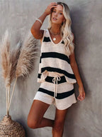 Striped knit tank top and shorts set by Shopimist, featuring colorful horizontal stripes and comfortable casual fit.