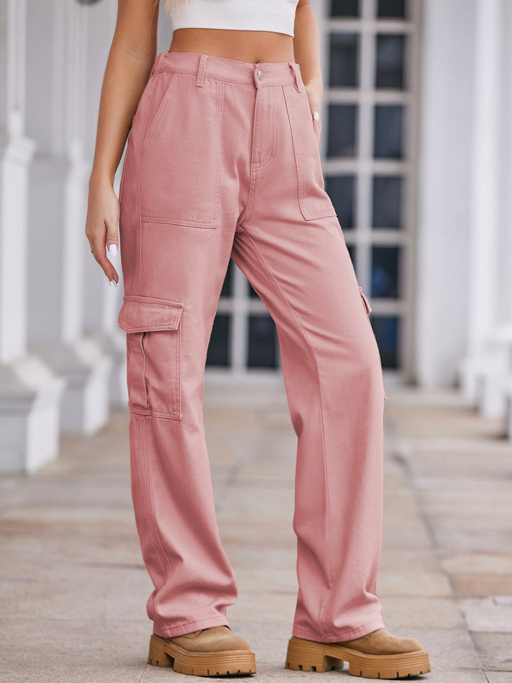 VYSN straight denim cargo pants showing classic five-pocket design, relaxed fit, and durable denim fabric.
