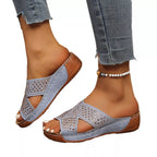 Women's rhinestone open toe wedge sandals by Trendsi featuring comfortable mid-heel height and sparkling embellishments.