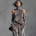 Women's Korean velvet long sleeve top and pants set from FitiqueFit, casualwear with a soft, luxurious fabric and comfortable fit.